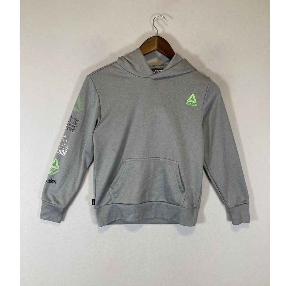 Athletic Reebok Boys Size 8 Med Grey Lime Green Graphic Sleeve Hoodie REB221FH03